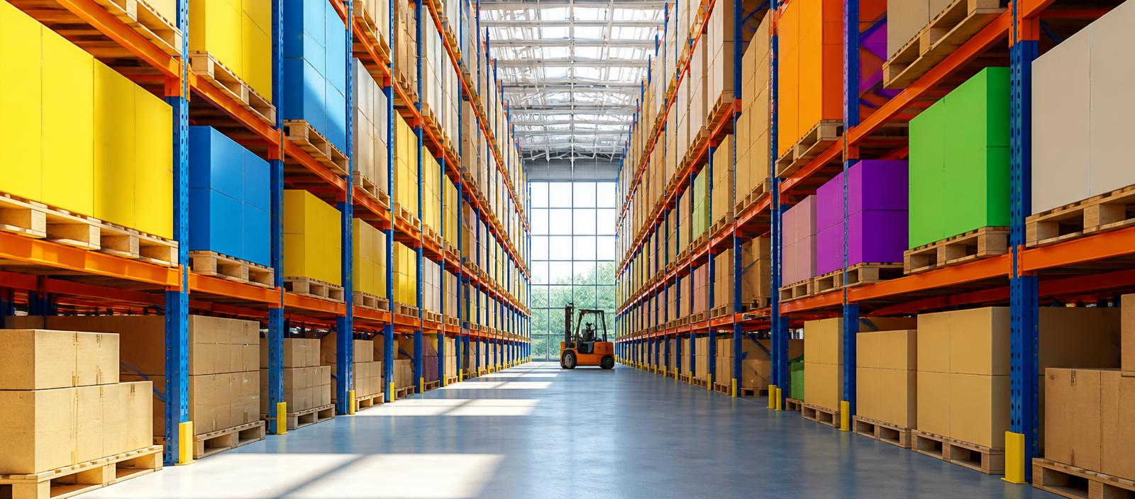 Warehouse aisle at a Standard Distribution center, stocked with cartons ready for delivery